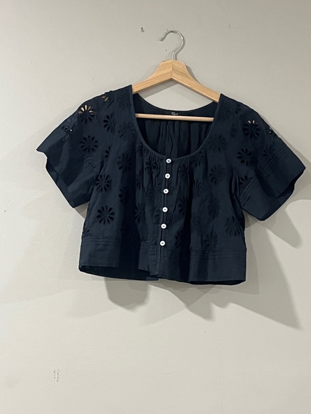 Rails Black Eyelet Button-Front Crop Blouse